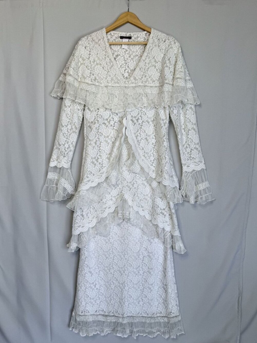 90s Vintage Design Today's White Stretch Lace Tunic Maxi Skirt Cord Set Large